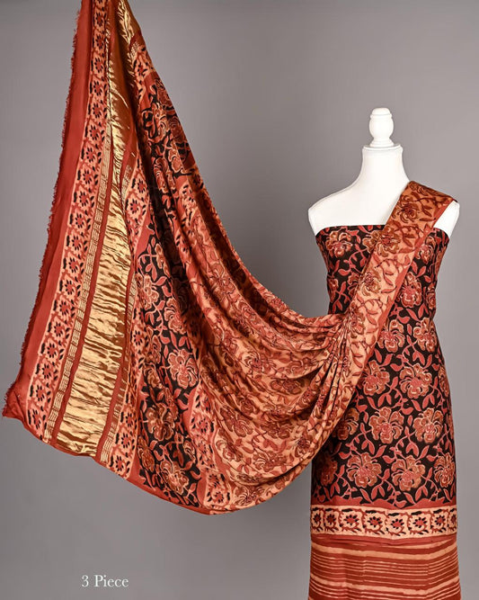 Modal Silk Unstitched Suit | 3 Piece Silk Suit Set |  Party Wear Modal Silk Suit