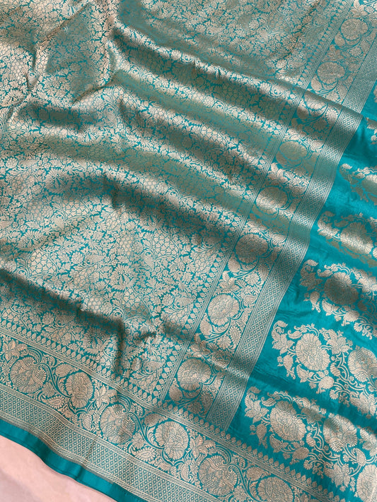Turquoise Pure Katan Silk Banarasi Handloom Saree - Tanchui Brocade