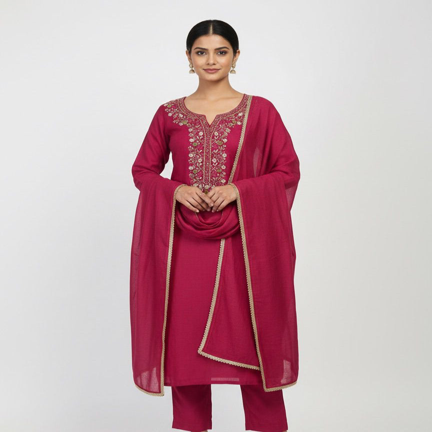 “Deep pink women’s stitched kurta with intricate gold embroidery on neckline and front, neatly folded and displayed.”