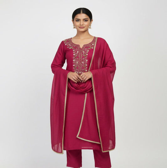 “Deep pink women’s stitched kurta with intricate gold embroidery on neckline and front, neatly folded and displayed.”