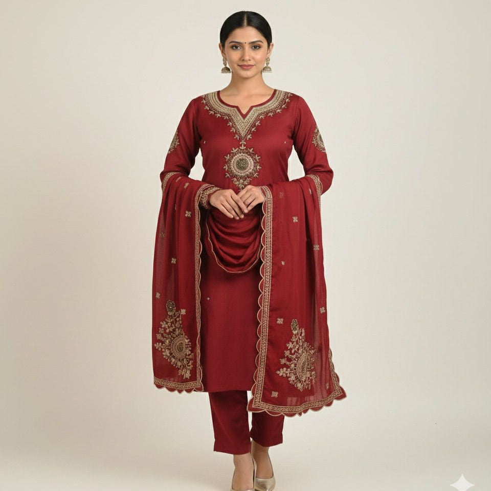 “Maroon women’s stitched kurta with intricate gold embroidery on neckline and front, neatly folded and displayed.”