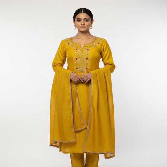 “Mustard yellow women’s stitched suit set with embroidered kurta, matching pants and dupatta, worn by model.”