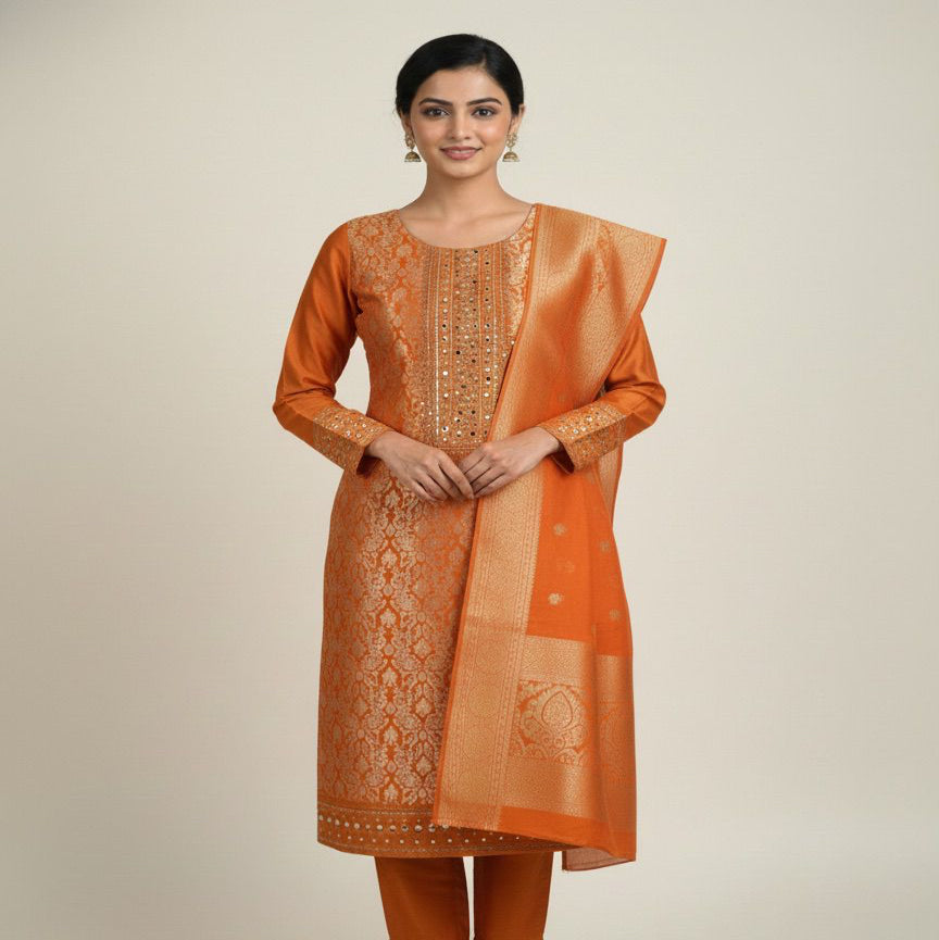 “Peach colored stitched women’s suit with traditional printed design and detailed neckline, neatly folded and displayed.”