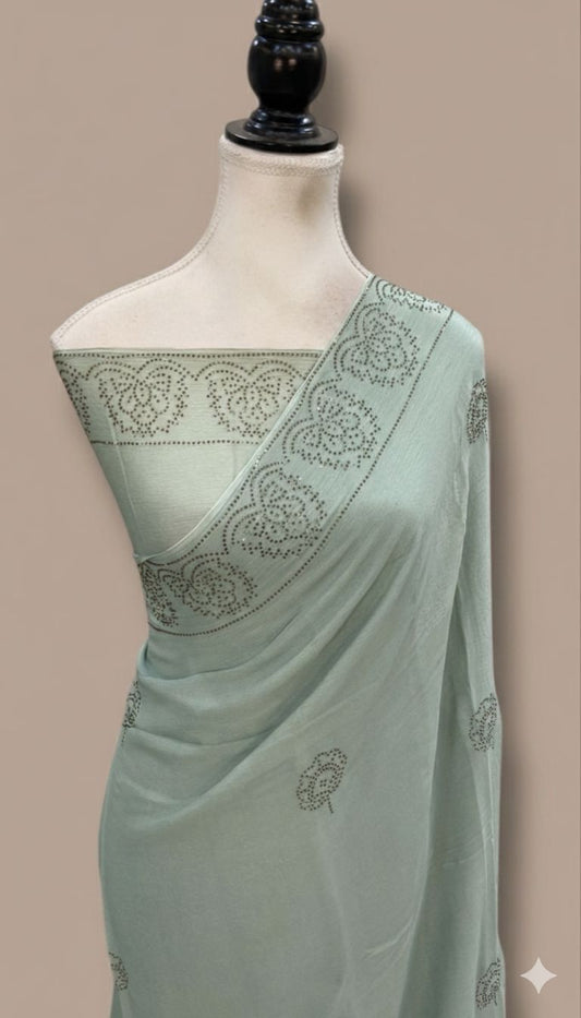 Pure Georgette Handloom Banarasi Saree with Swarovski Stone Work in Pastel Sage Green