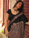 Ajrakh Block Printed Modal Silk Saree with Mirror work in Black
