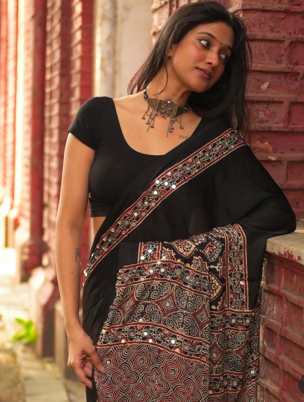 Ajrakh Block Printed Modal Silk Saree with Mirror work in Black