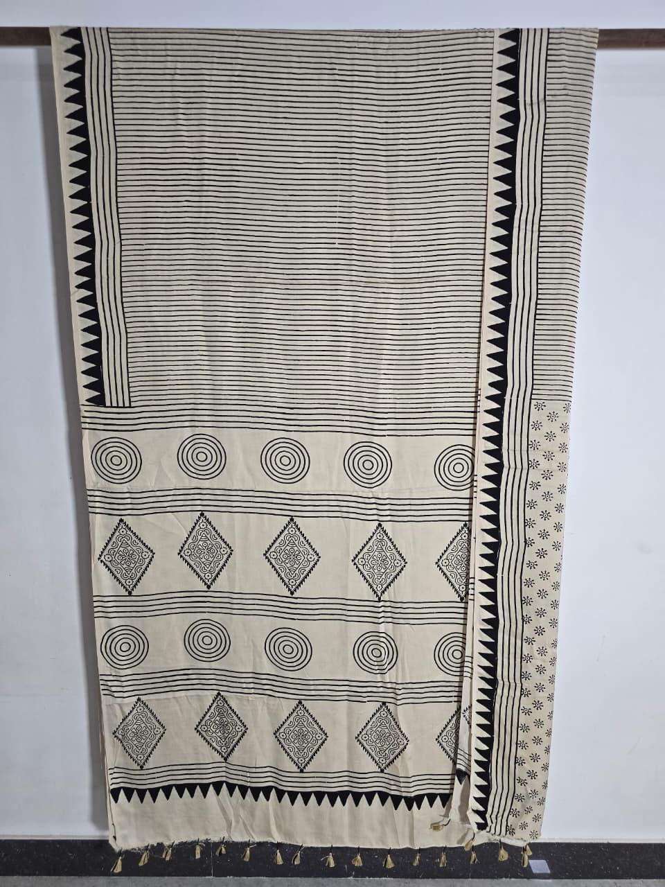 Ajrakh Block Printed Modal Silk Saree in Ivory