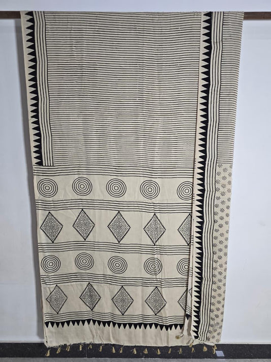 Ajrakh Block Printed Modal Silk Saree in Ivory