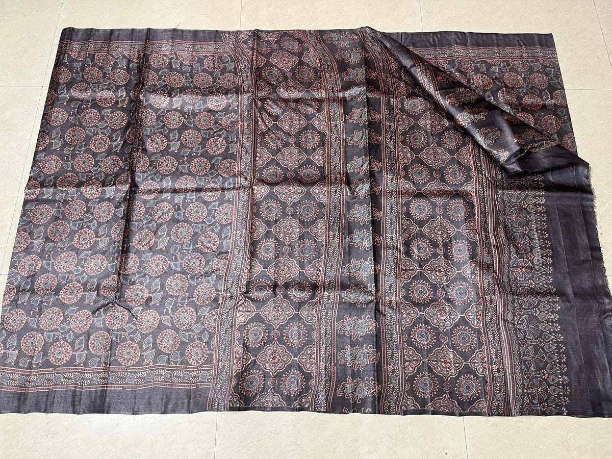 Tussar Silk with Ajrak Block print Saree in Black