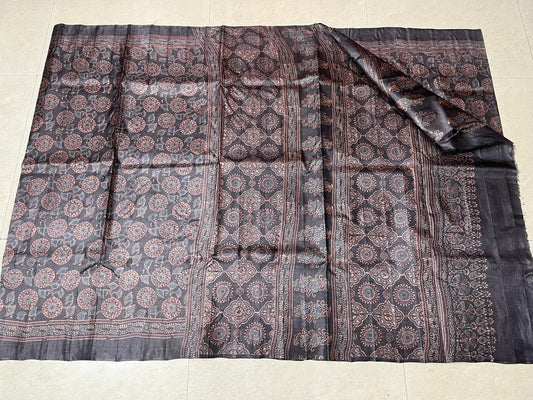 Tussar Silk with Ajrak Block print Saree in Black