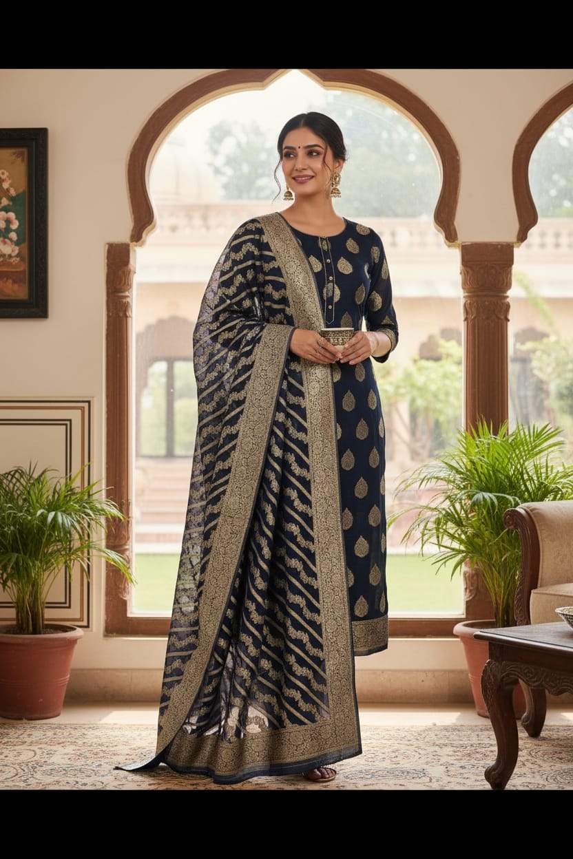 Viscose Khaddi Georgette-3 Pcs Suit set-Dark Blue