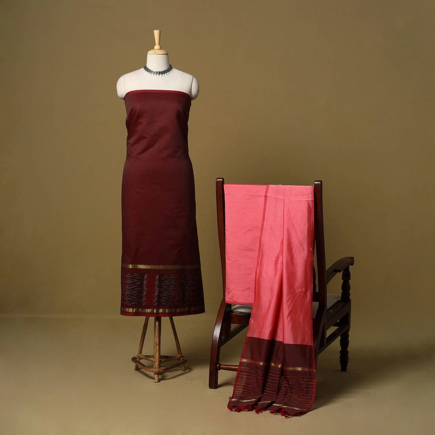 Maroon - Pochampally Ikat Silk Cotton 3pc Unstitched Dress Material