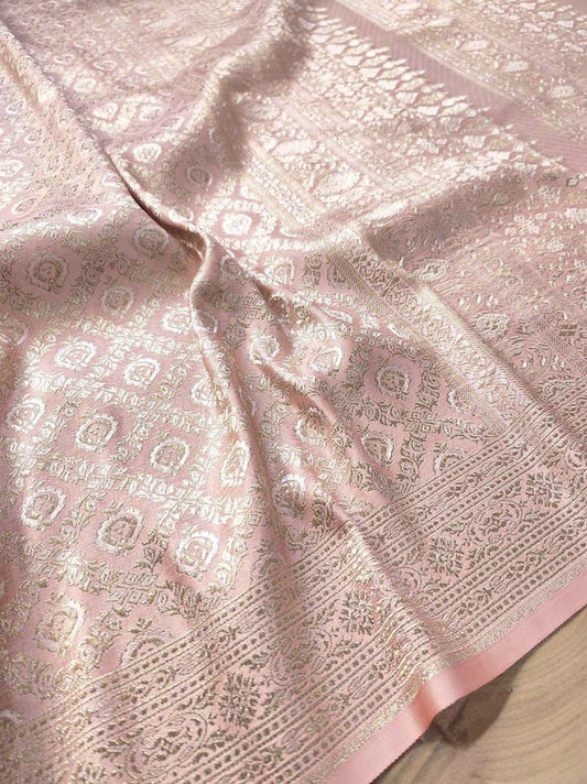 Nude Pink Brocade Silver Zari Weaved Banarasi Mashru Silk Saree