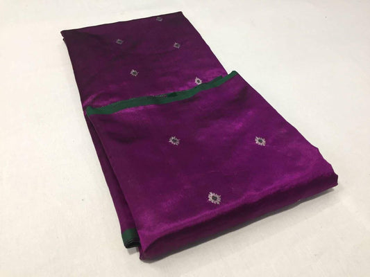 Chanderi Cotton Silk Saree -Royal Purple with Silver Buti & Green Border