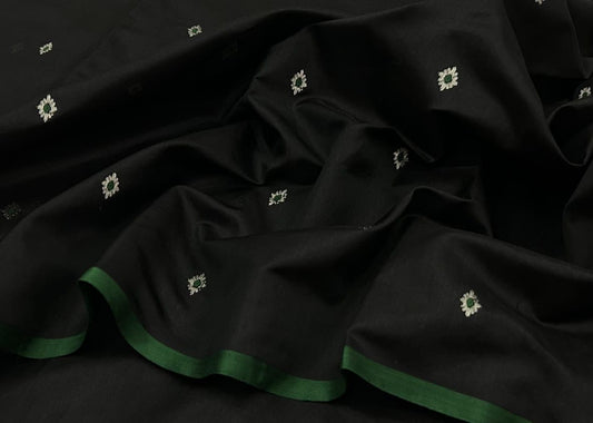 Chanderi Cotton Silk Saree – Classic Black with Silver Buti & Green Border