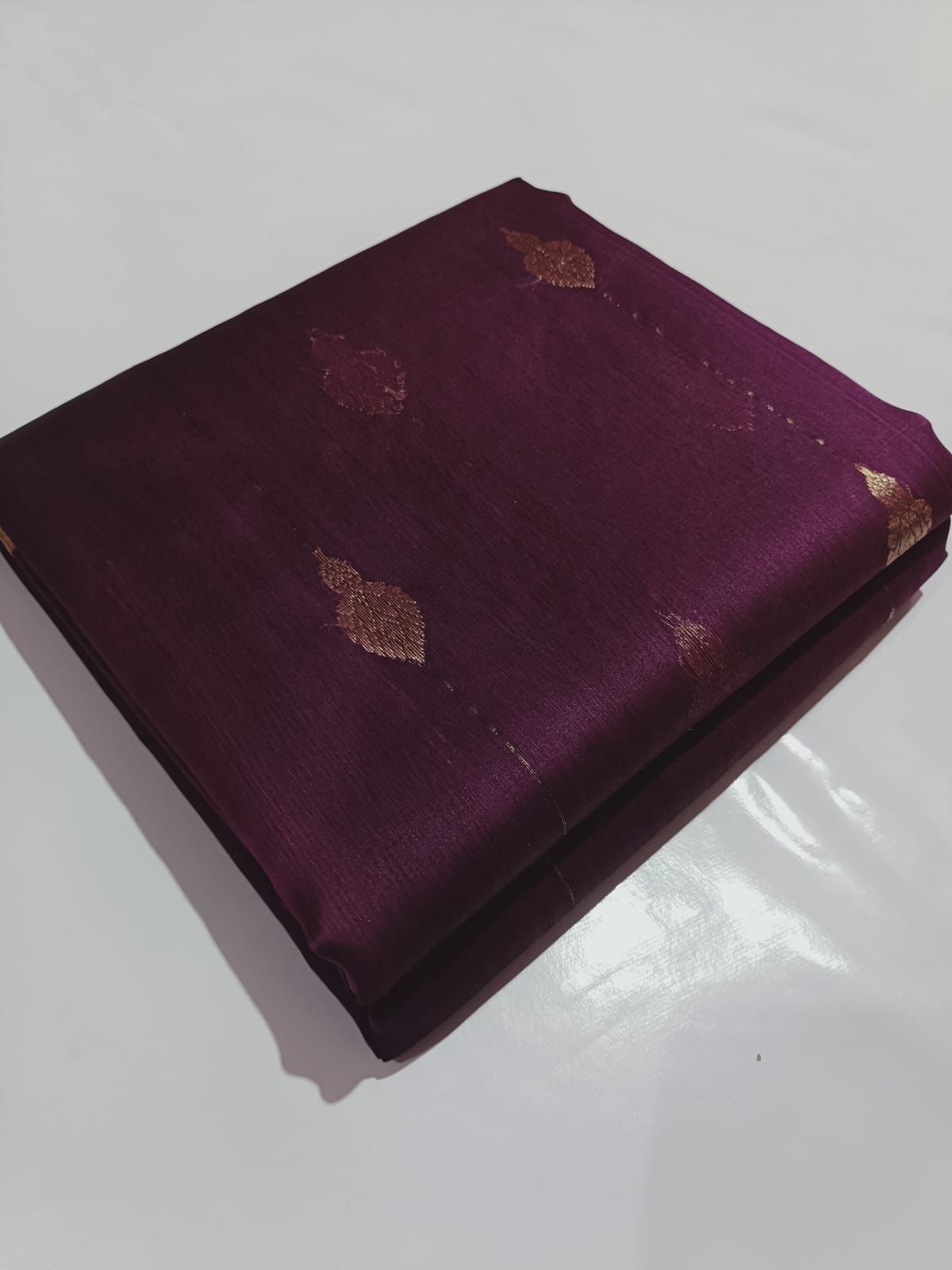 Chanderi Saree – Wine Purple with Gold Buti & Zari Border