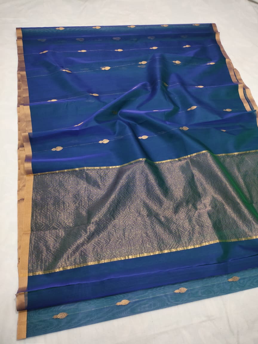 Chanderi Silk Saree -Blue with Gold Buti & Zari Border
