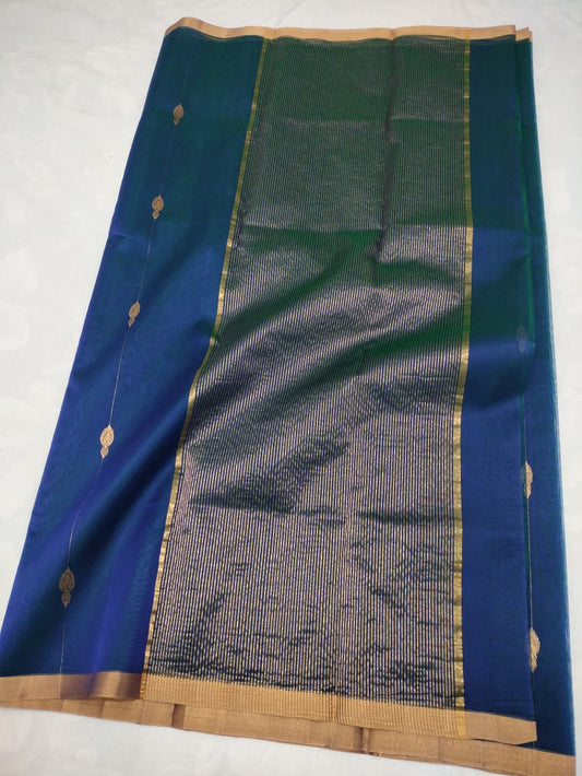 Chanderi Silk Saree -Blue with Gold Buti & Zari Border