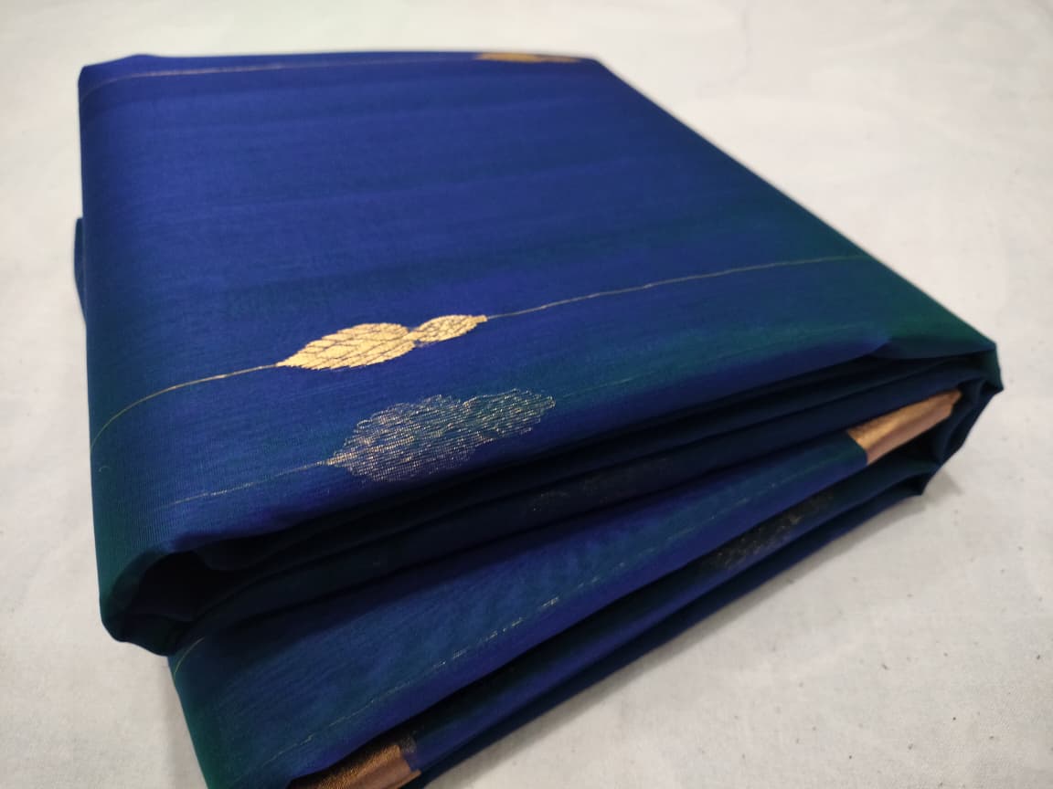 Chanderi Silk Saree -Blue with Gold Buti & Zari Border