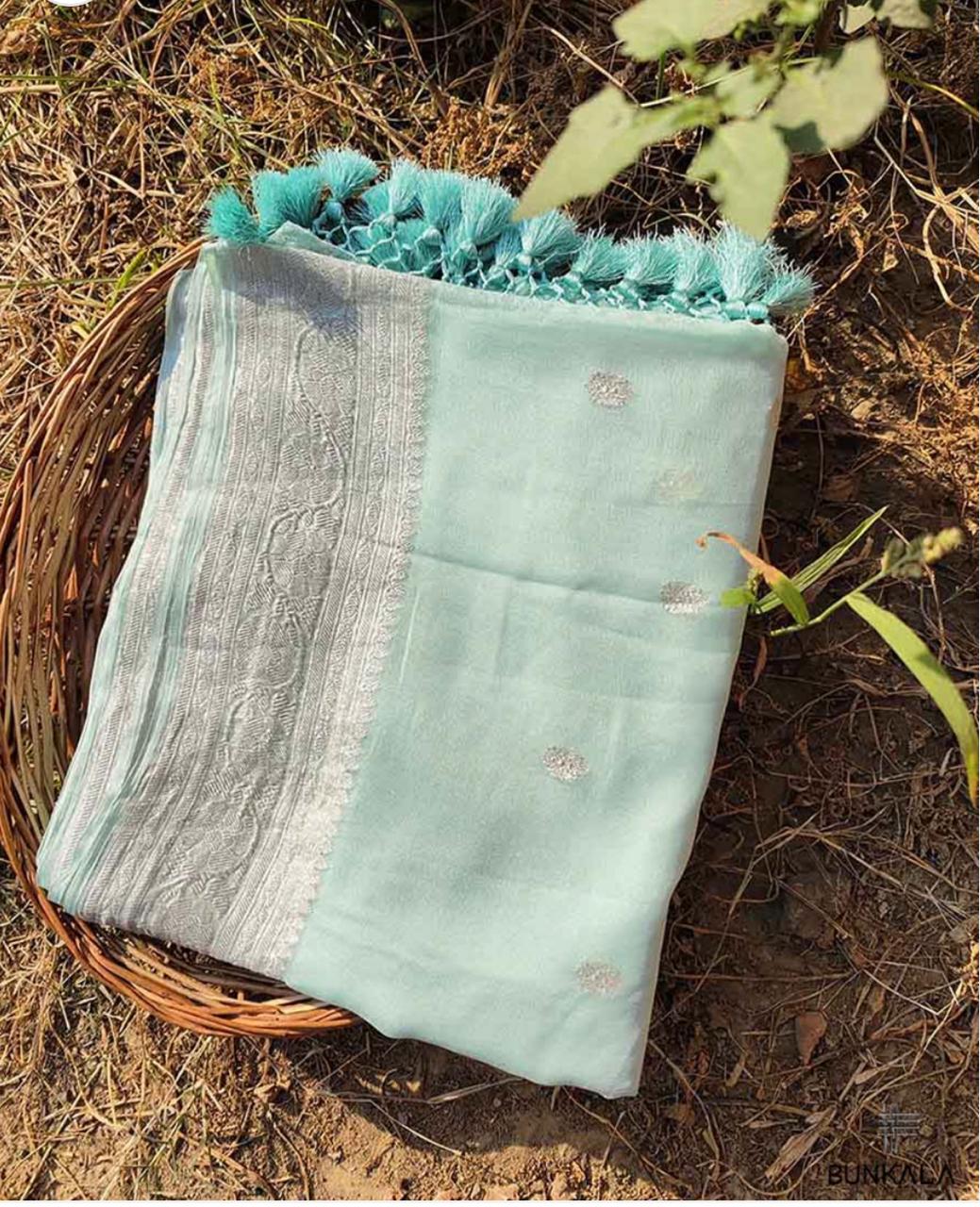 Pastel Blue Banarasi Chiffon Saree | Handloom Banarasi Silver Zari Buti Saree