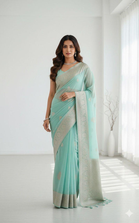 Pastel Blue Banarasi Chiffon Saree | Handloom Banarasi Silver Zari Buti Saree