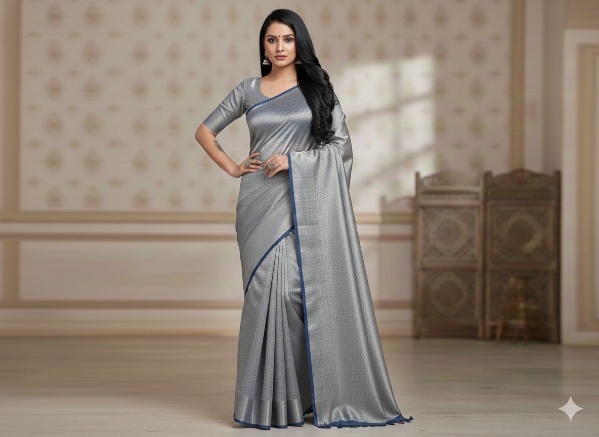 Modern wear Banarasi Tissue Silk Saree in Silver for Wedding & Smart Wear over any occassion