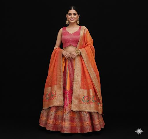 Lehenga-Orange and Pink-Crop Top-Stitched | Party Wear lehenga
