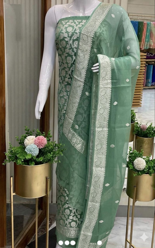 Pure Khaddi Georgette Banarasi Dress material | 3 Piece Silk Suit Set | Wedding Special