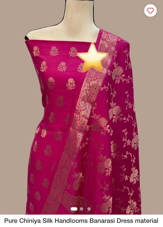 Rani Pink Chiniya Silk Handlooms Banarasi Dress material| 3 Piece Silk Suit Set | Wedding Special