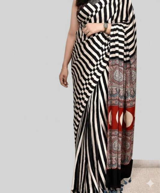 White & Black Ajrak Modal Silk Saree | Traditional Hand Block Printed Ethnic Saree for Women