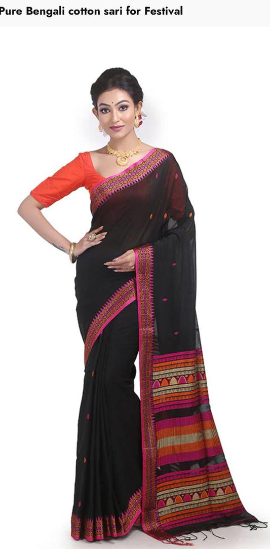 Trendy Handloom Soft Bengal Cotton Saree  In Stock