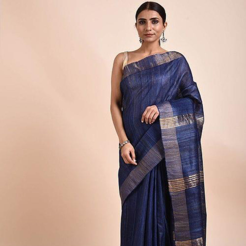 Royal Blue Tussar Geecha Silk Premium Saree| Authentic Bhagalpur Silk Saree