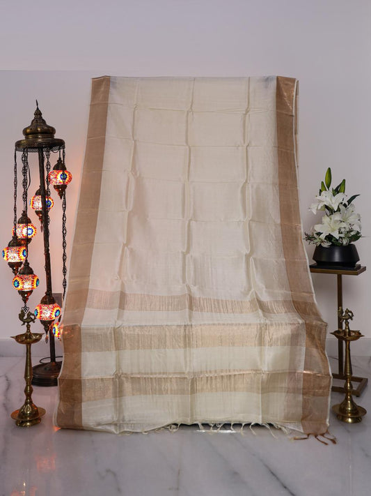 Tussar Silk with Gold Border Saree | Raw Silk Saree for Weddings | Authentic Bhagalpur Tussar Saree