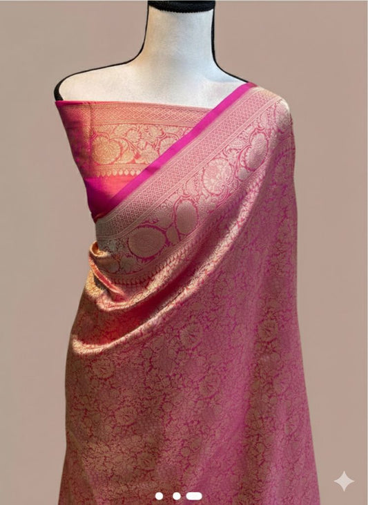 Pink Pure Katan Silk Banarasi Handloom Saree - Tanchui Brocade