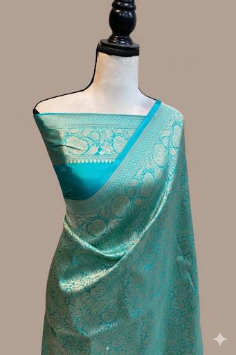 Turquoise Pure Katan Silk Banarasi Handloom Saree - Tanchui Brocade
