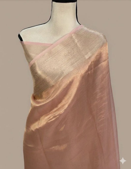 Peach Pure Kora Tissue Handloom Banarasi Saree