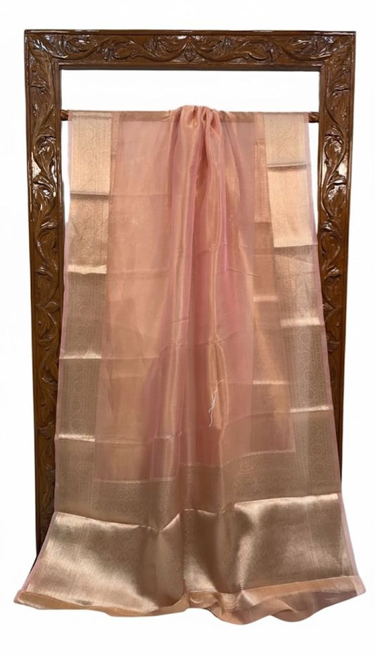 Peach Pure Kora Tissue Handloom Banarasi Saree