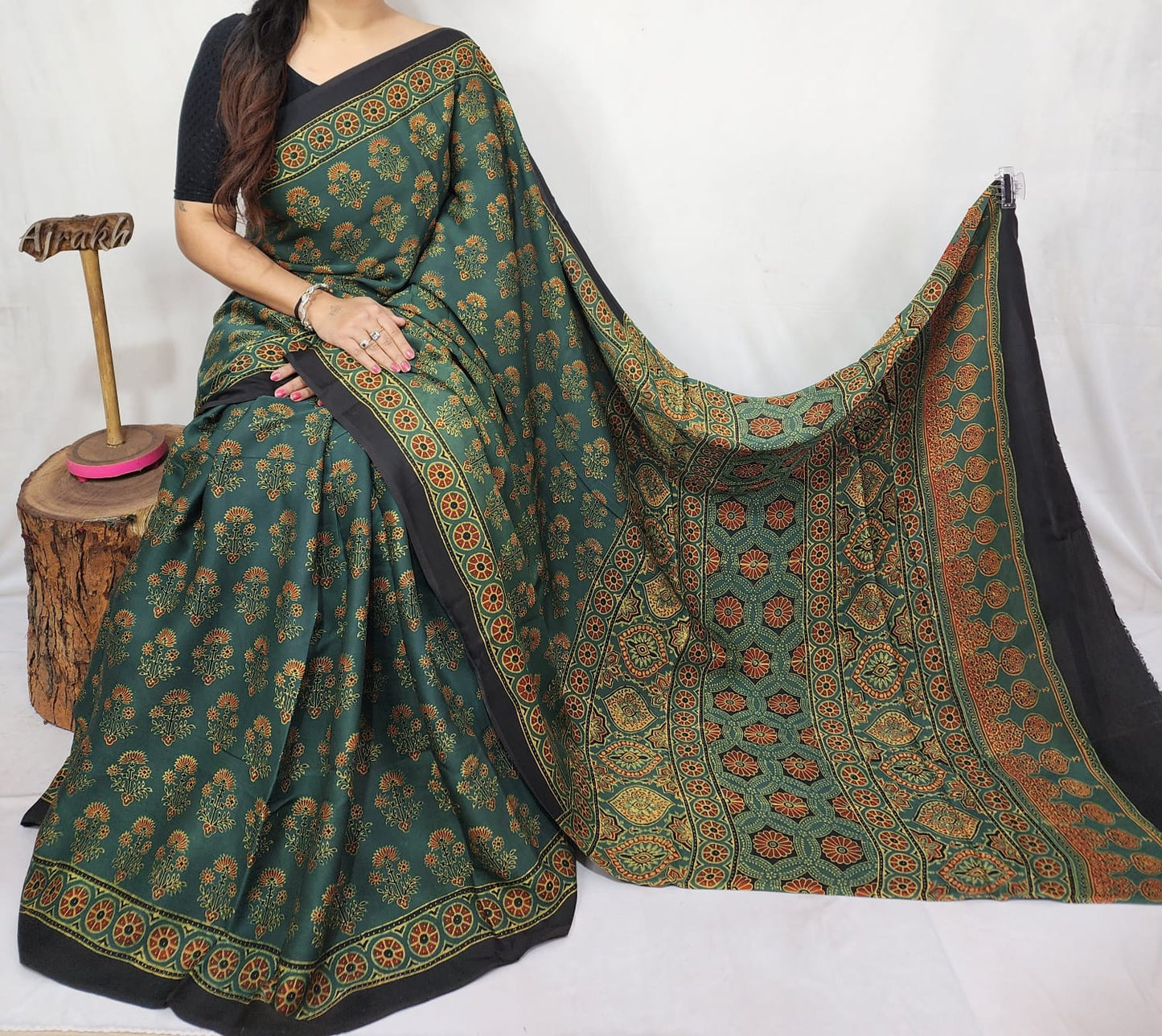 Green Ajrakh Block Printed Modal Silk Saree