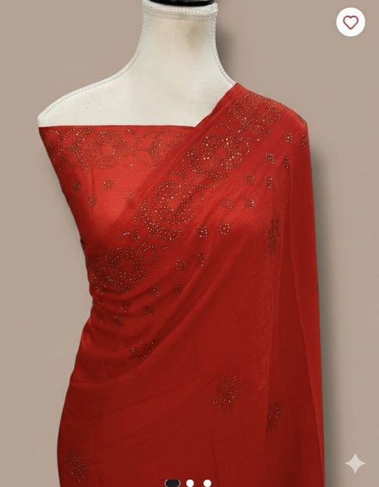 Pure Georgette Handloom Banarasi Saree with Swarovski Stone Work in Deep Red