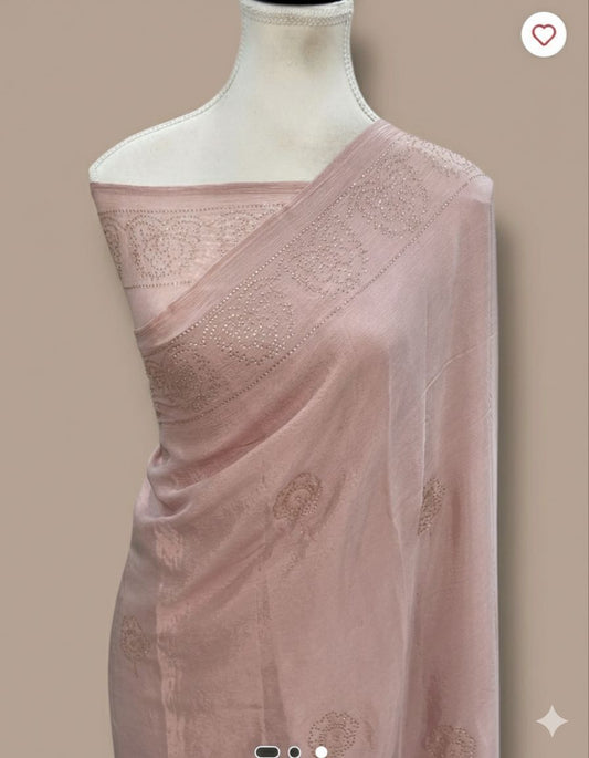 Pure Georgette Handloom Banarasi Saree with Swarovski Stone Work in Pastel Pink