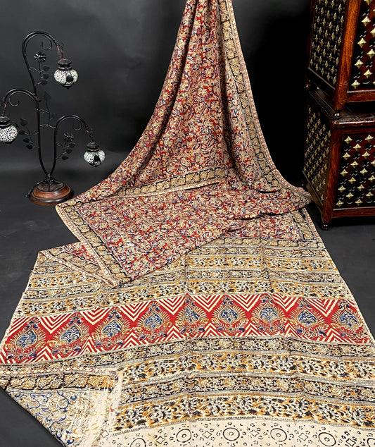 Handblock Kalamkari Chennuri Silk Saree in vibrant red