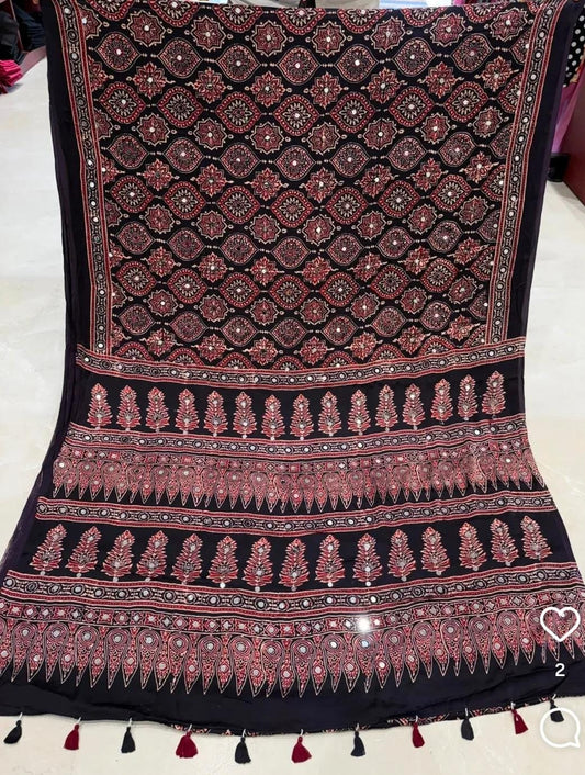 Ajrakh Block Printed Modal Silk Saree with Mirror work in Black