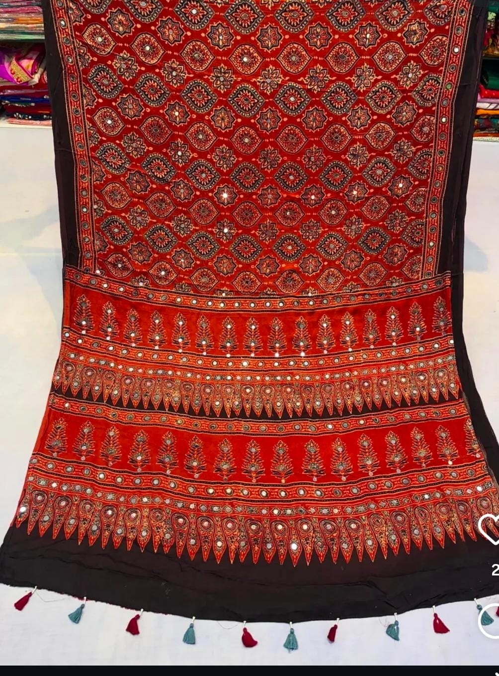Ajrakh Block Printed Modal Silk Saree with Mirror work in Red