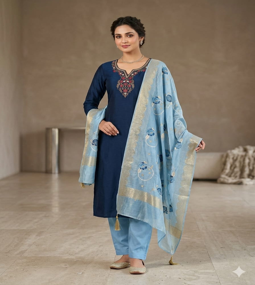 Cotton Suit in Blue with Contrast Dupatta