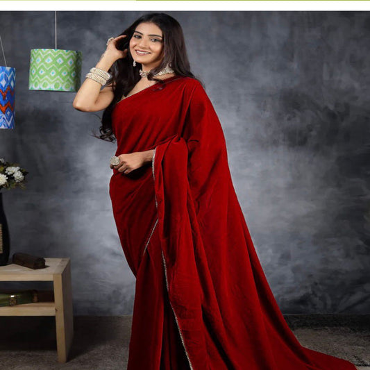 Gorgeous Party Wear saree in Velvet with Gold beads at edges