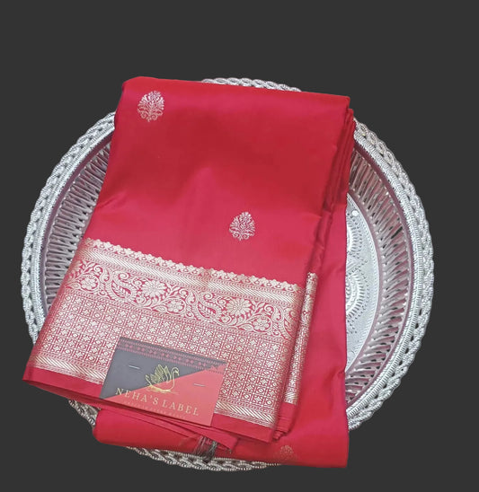 Red Kanjivaram Silk Saree | Bridal Silver Zari Wedding Wear for Women