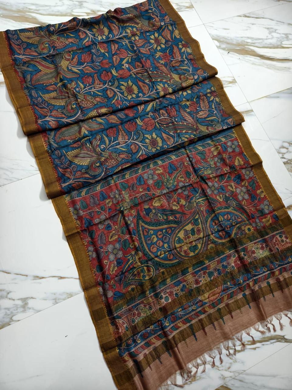 Pen Kalamkari Saree in Tussar Silk