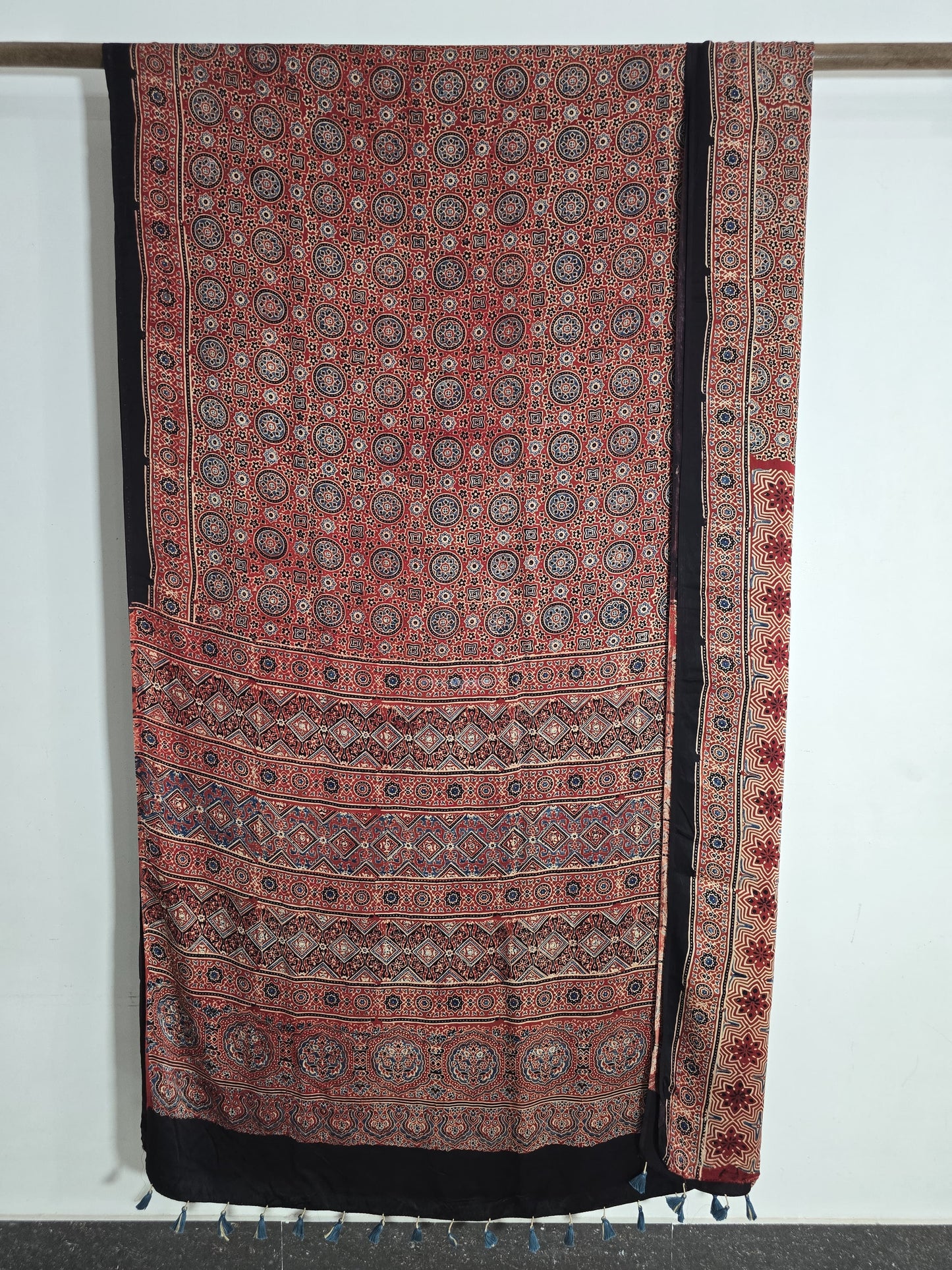 Ajrakh Block Printed Modal Silk Saree in Rust