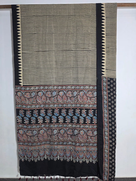 Ajrakh Block Printed Modal Silk Saree in Ivory