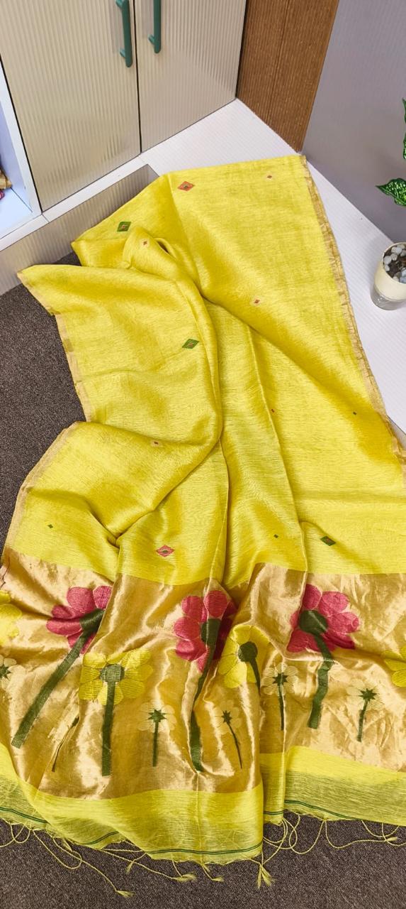 Exclusive tissue silk linen hand jamdani weaving with paithani pallu